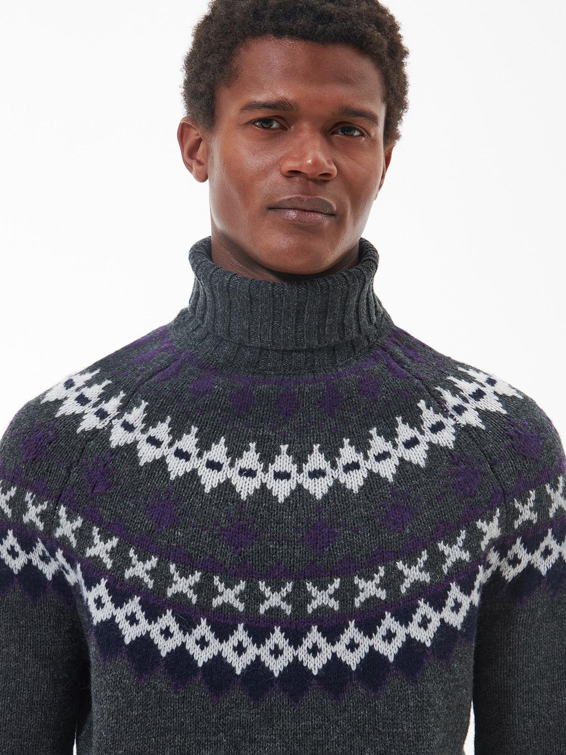 Barbour Roose Fair Isle Rollneck Jumper, Asphalt at John Lewis