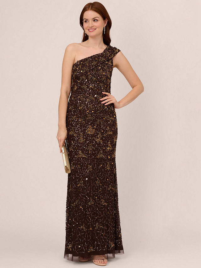 Adrianna Papell Beaded One Shoulder Maxi Dress, Chocolate