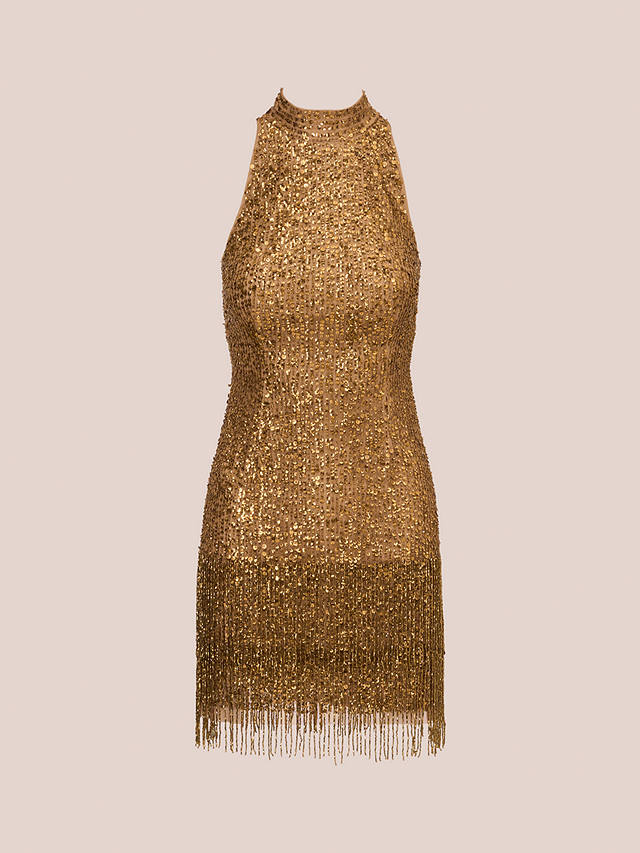 Adrianna Papell Halterneck Fringe Beaded Mini Dress, Copper