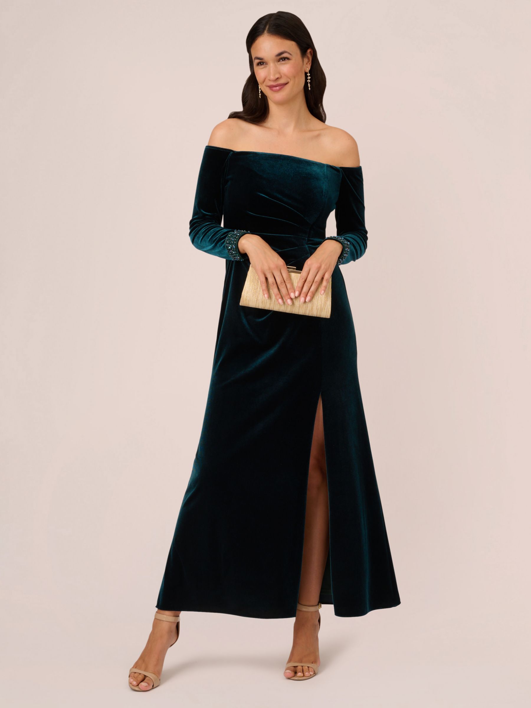 Adrianna Papell Velvet Off The Shoulder Maxi Dress Hunter 6