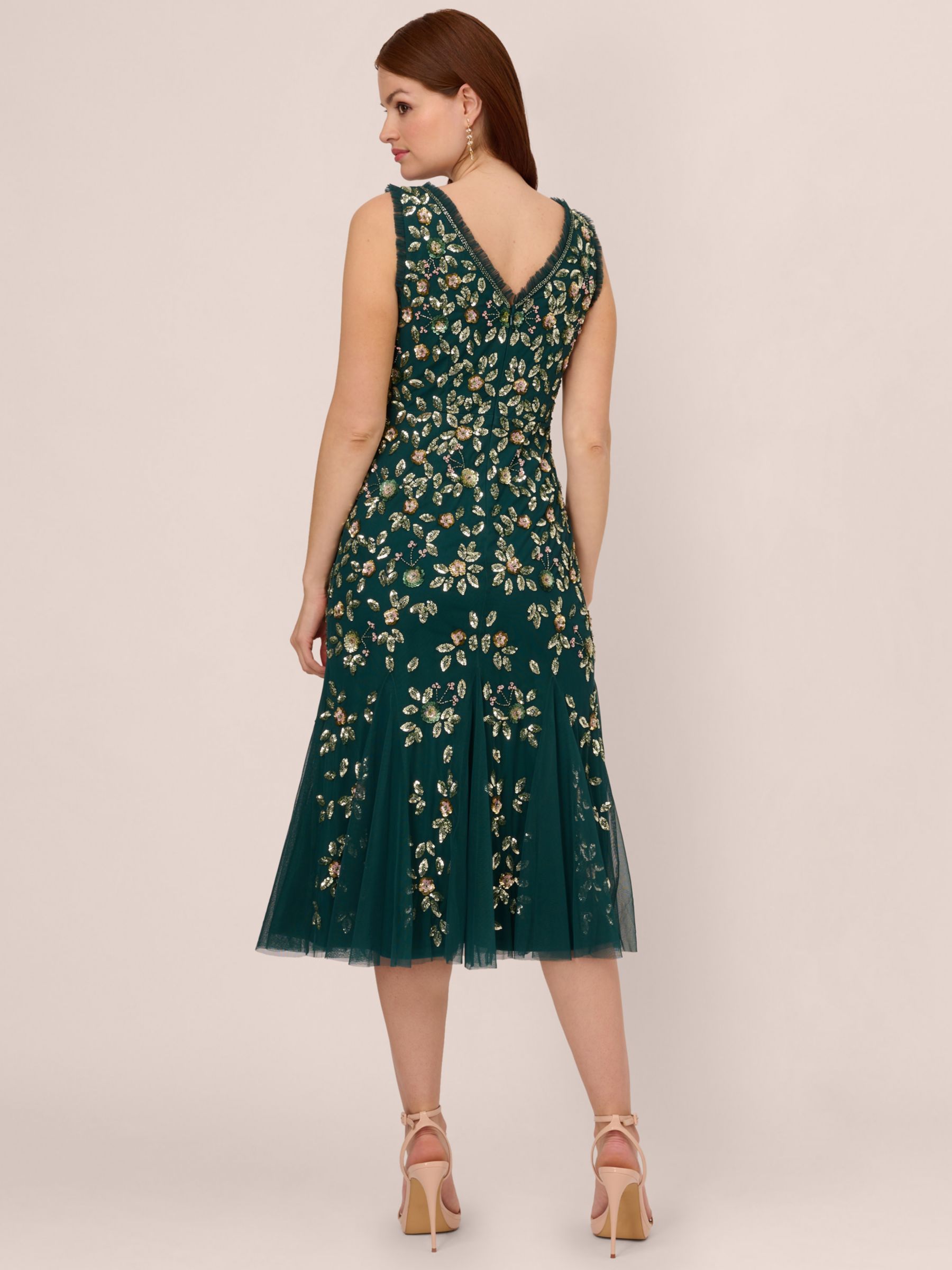 Adrianna Papell Midi Ruffle Beaded Dress Gem Green at John Lewis