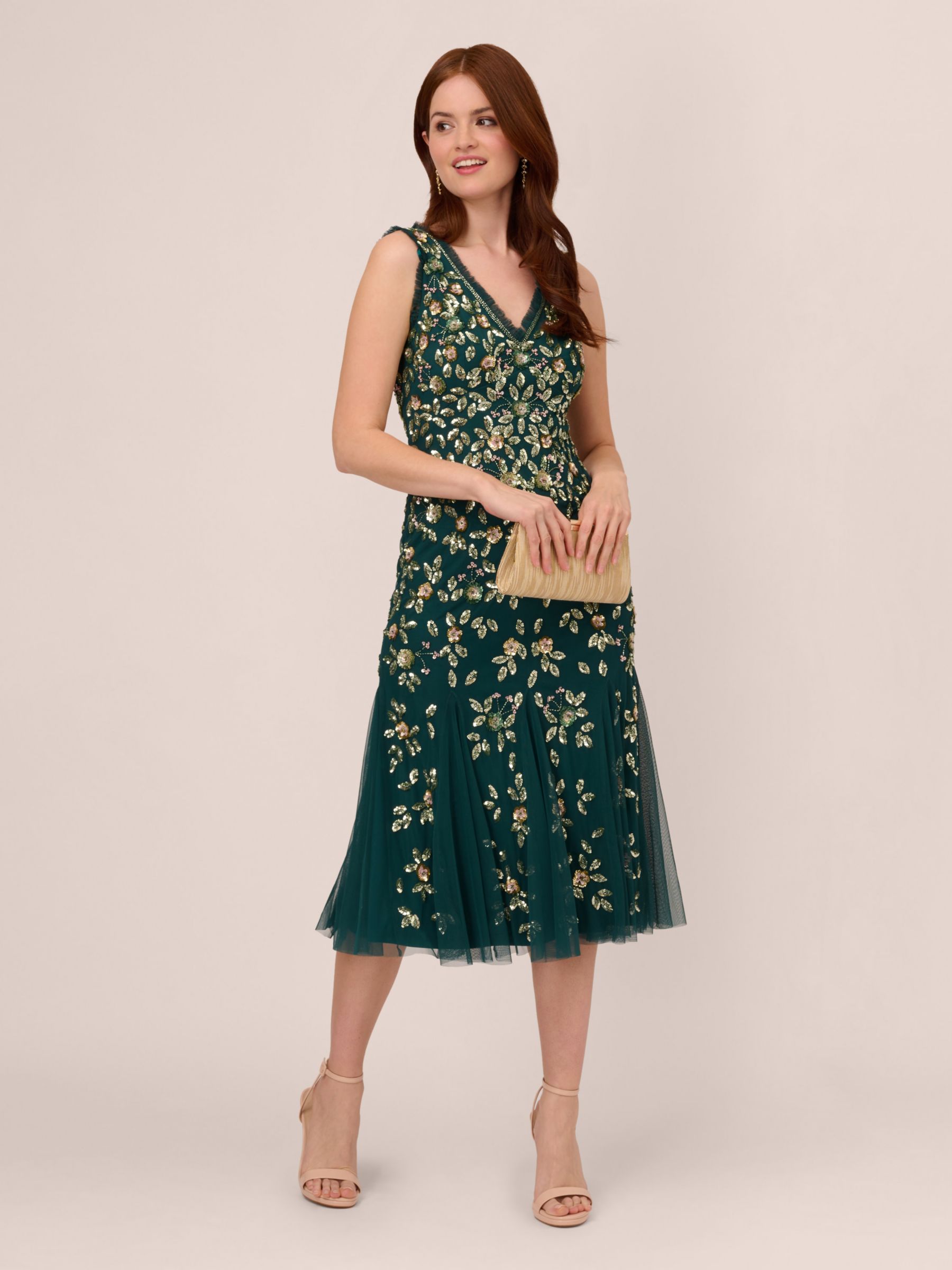Buy Adrianna Papell Midi Ruffle Beaded Dress, Gem Green Online at johnlewis.com