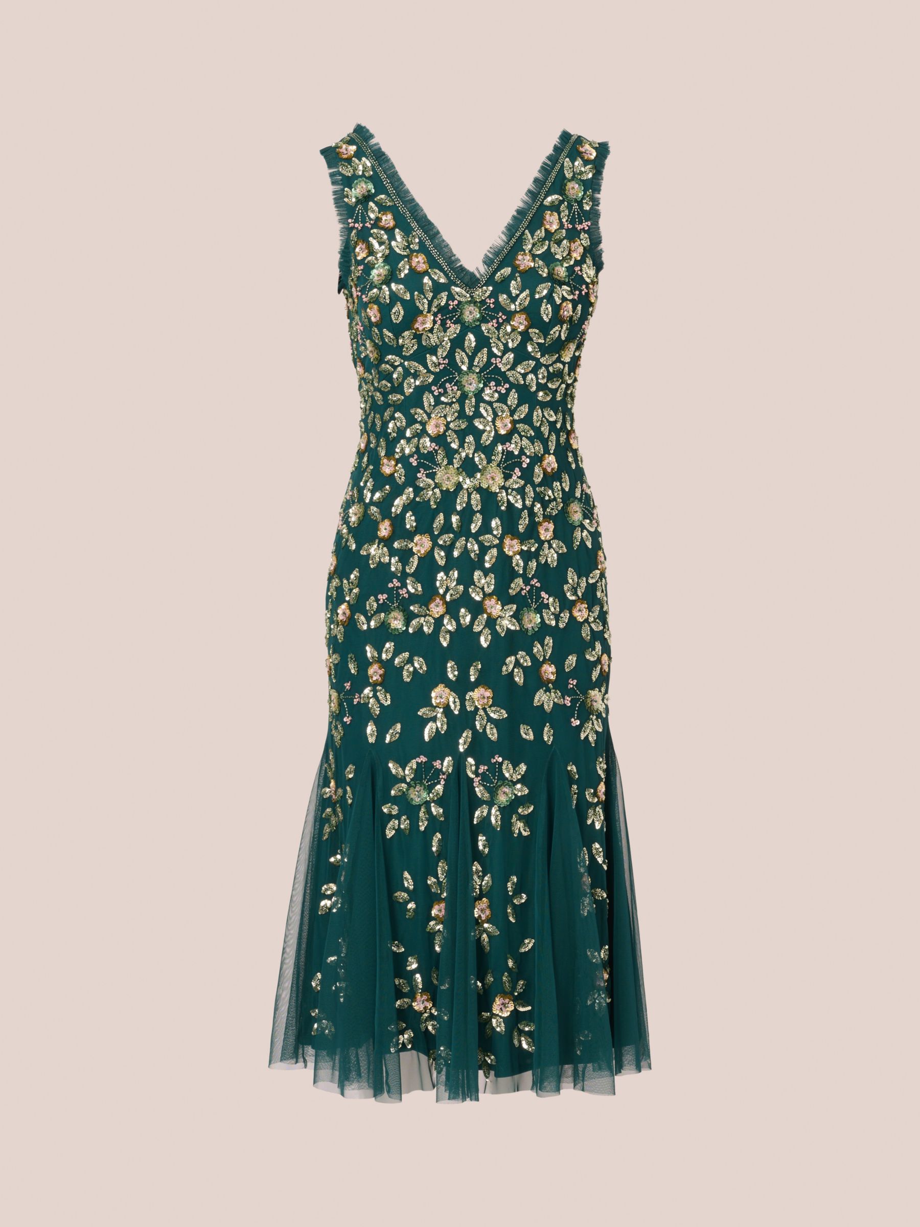 Buy Adrianna Papell Midi Ruffle Beaded Dress, Gem Green Online at johnlewis.com