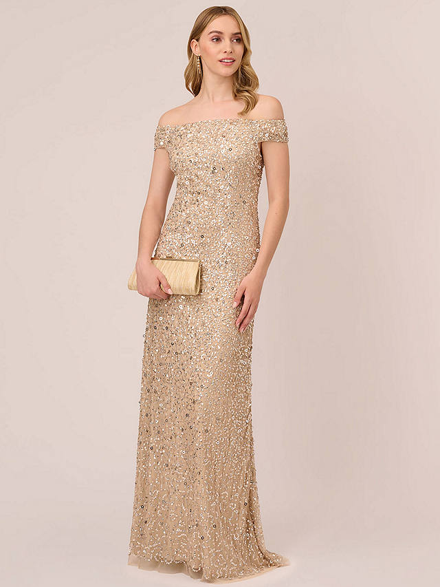 Adrianna Papell Off Shoulder Crunchy Bead Maxi Dress, Champagne