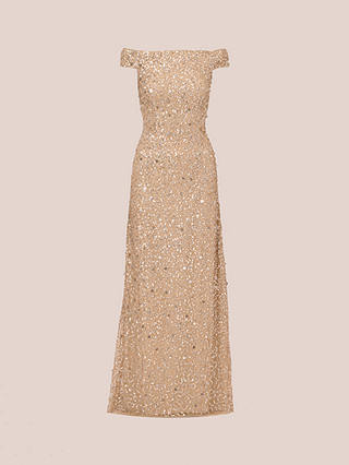 Adrianna Papell Off Shoulder Crunchy Bead Maxi Dress, Champagne