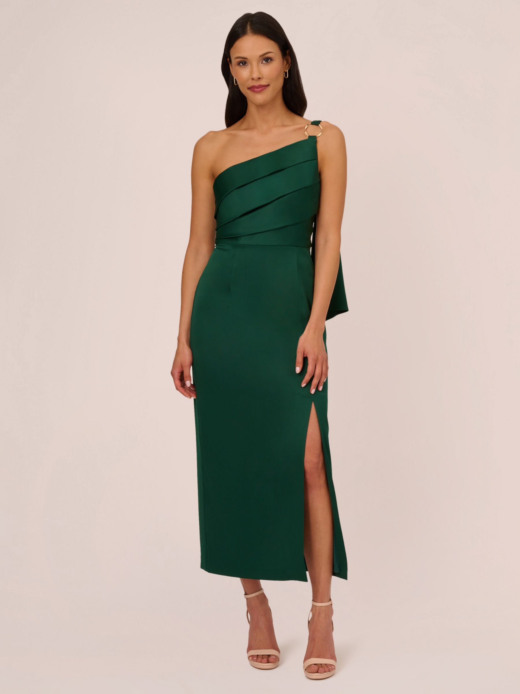 Adrianna Papell One Shoulder Midi Satin Crepe Dress, Deep Forest