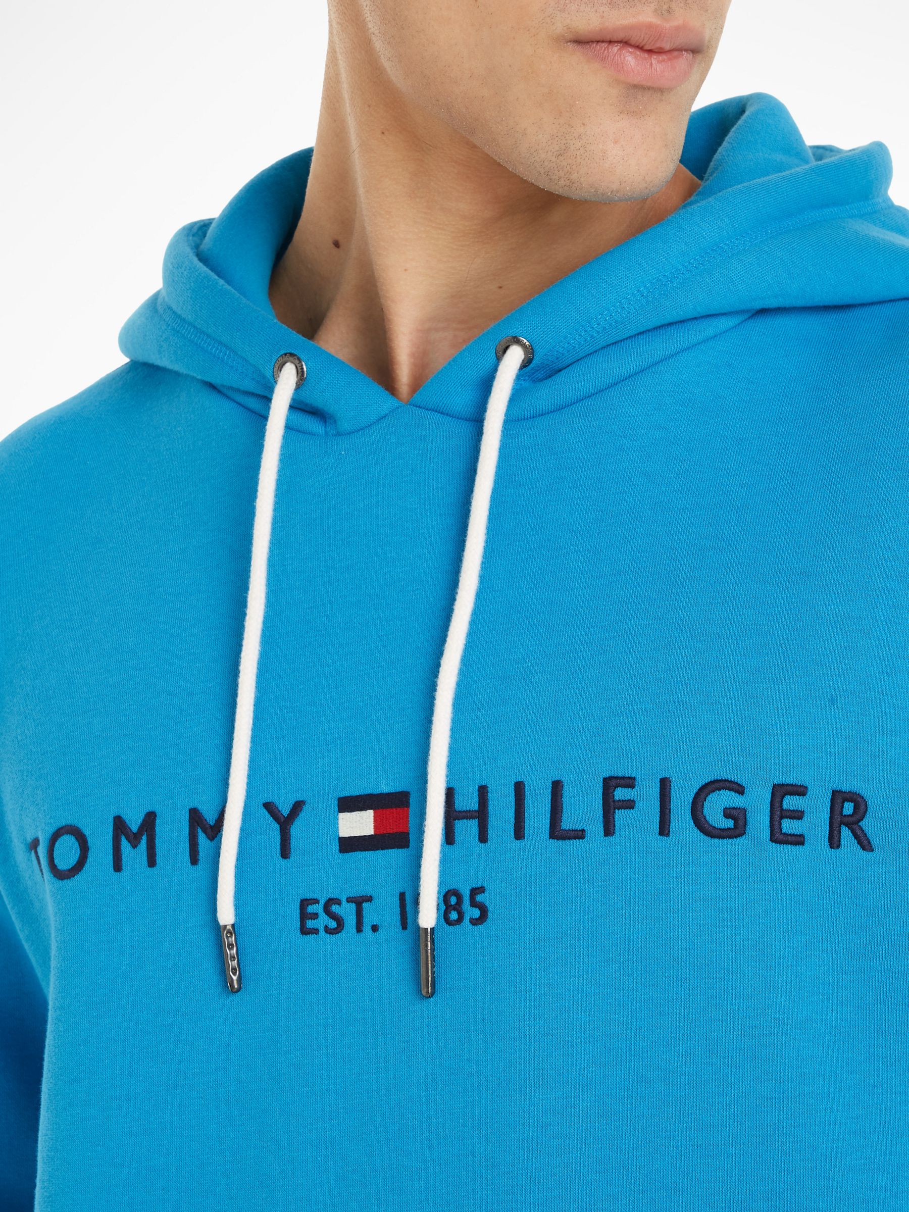 Tommy Hilfiger Logo Hoodie, Cerulean Aqua at John Lewis & Partners