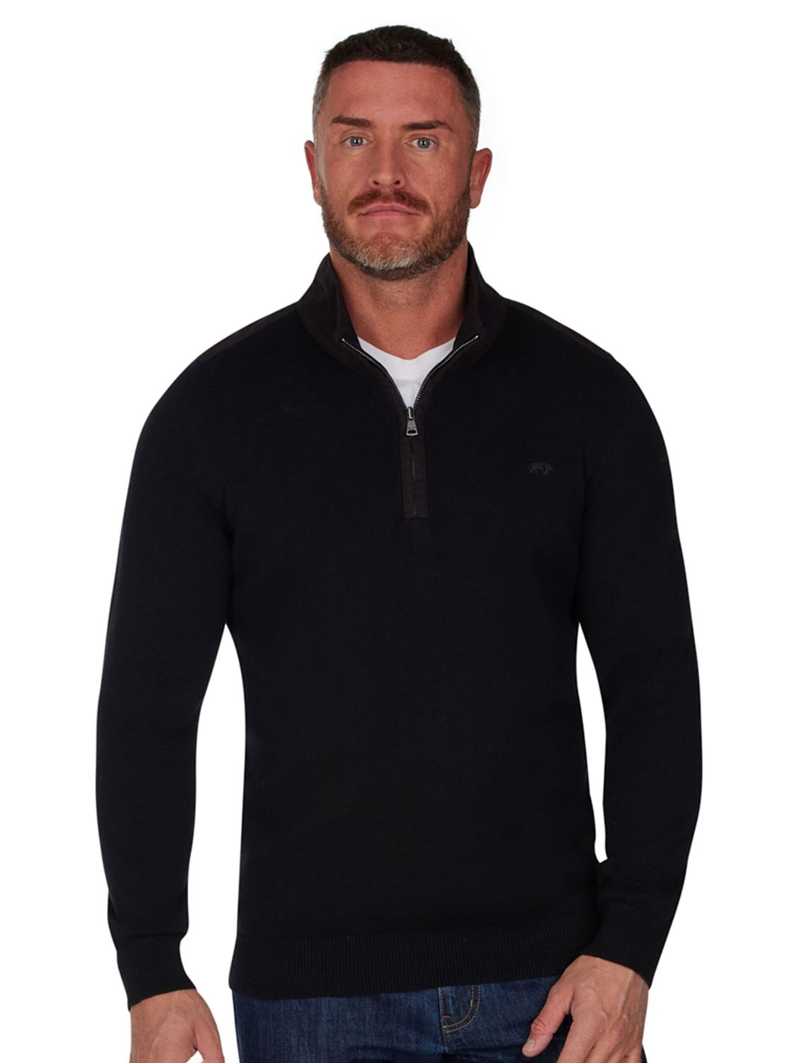 Raging Bull Woven Trim Quarter Zip Knit Jumper, Black at John Lewis ...