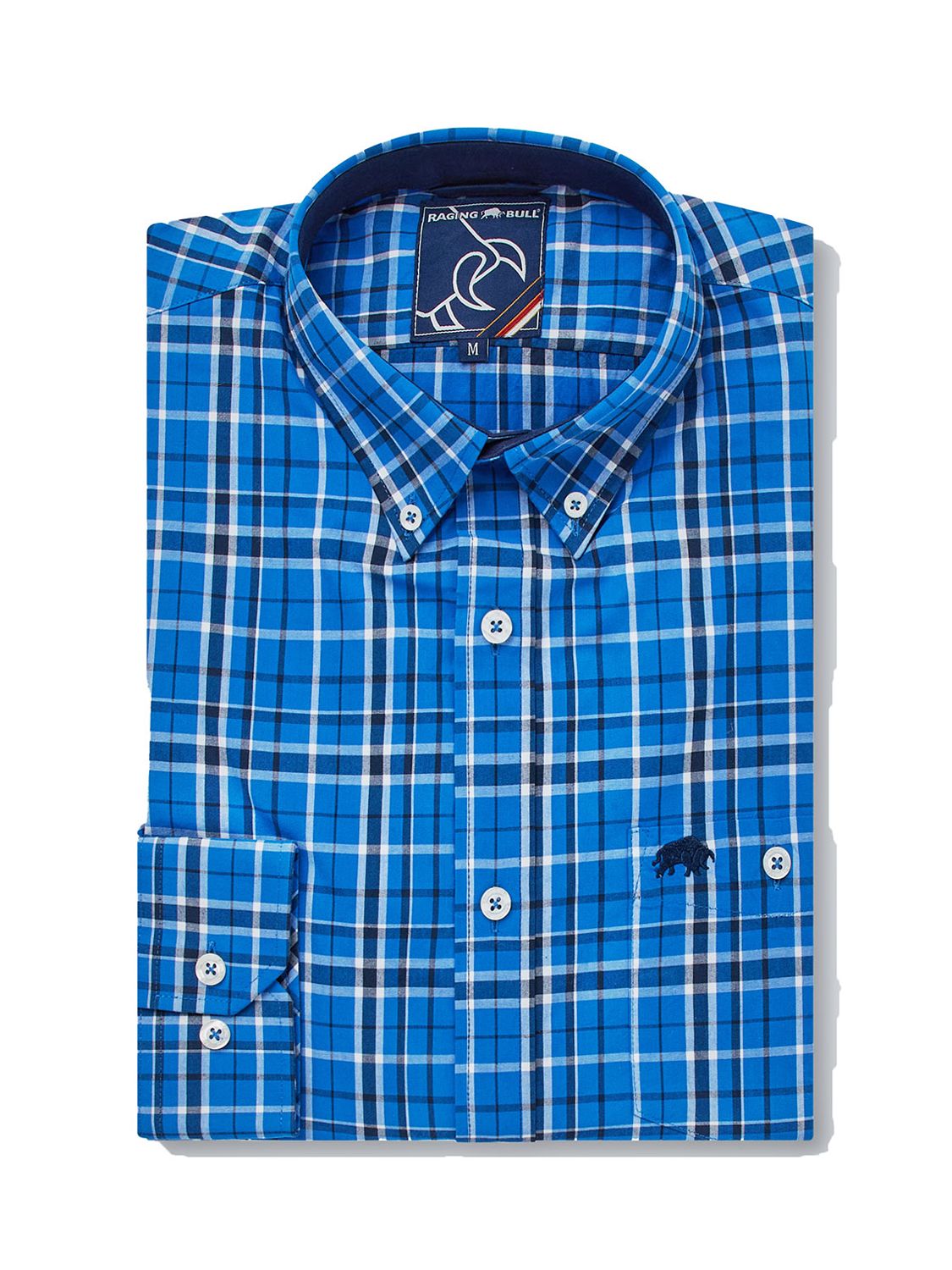 Raging Bull Large Check Print Cotton Poplin Shirt, Mid Blue at John ...