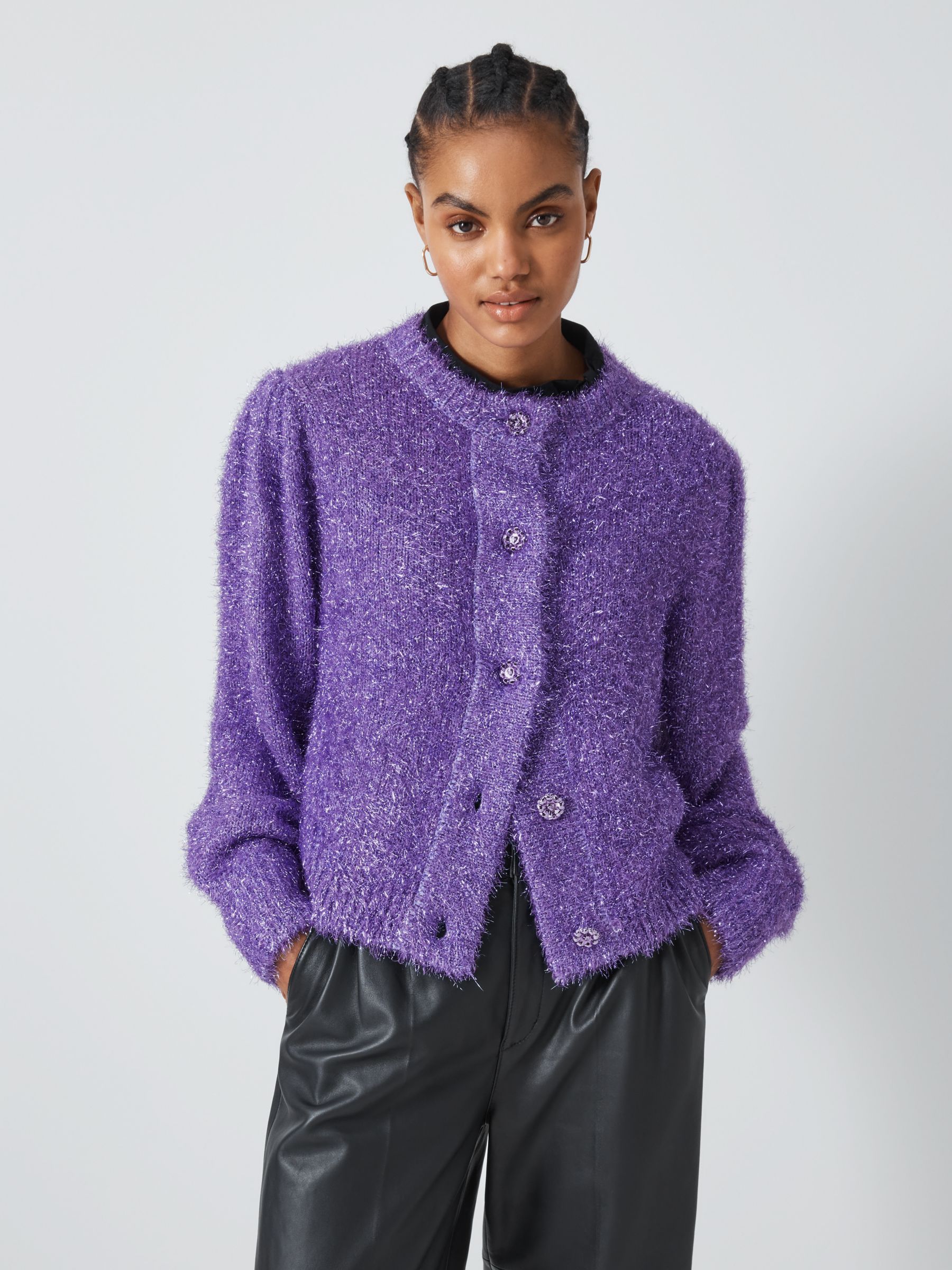 Fabienne Chapot Kitty Fluffy Metallic Cardigan, Eggplant at John Lewis ...