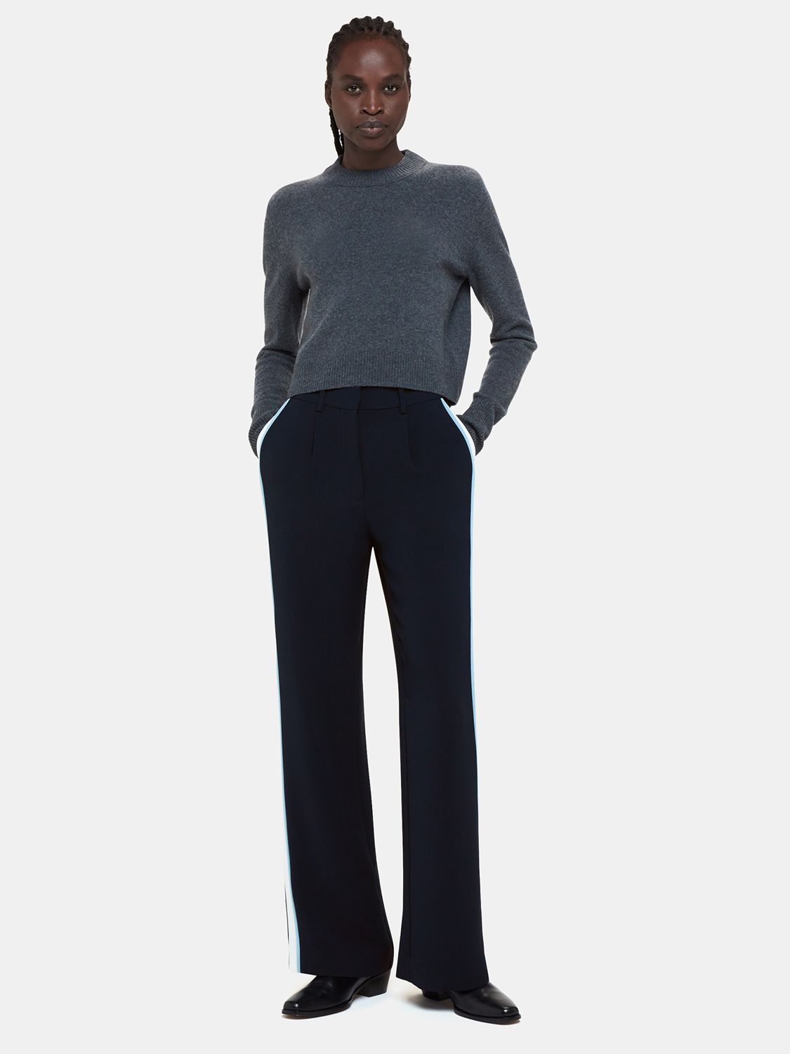 Whistles Petite Crepe Side Stripe Trousers, Black/Multi at John Lewis ...