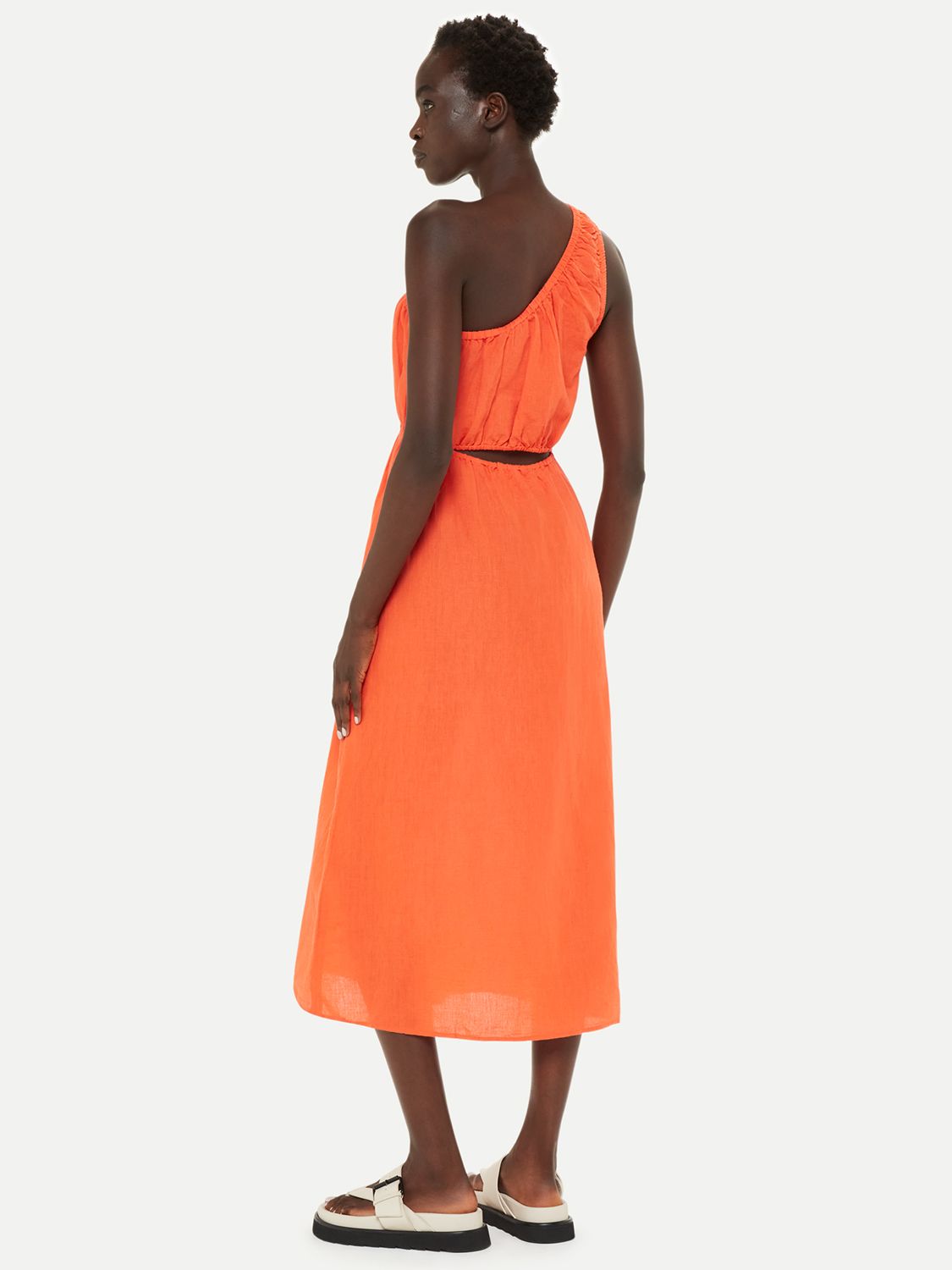 Whistles Plain Asymmetric Linen Blend Midi Dress, Orange, 6