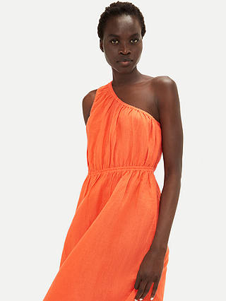 Whistles Plain Asymmetric Linen Blend Midi Dress, Orange