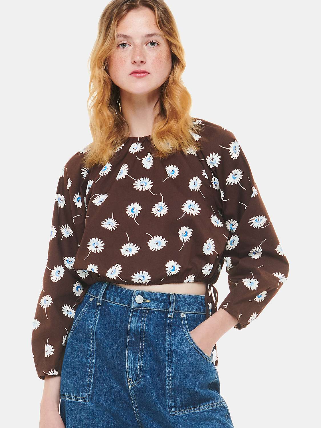 Buy Whistles Watercolour Daisy Poplin Top, Brown/Multi Online at johnlewis.com