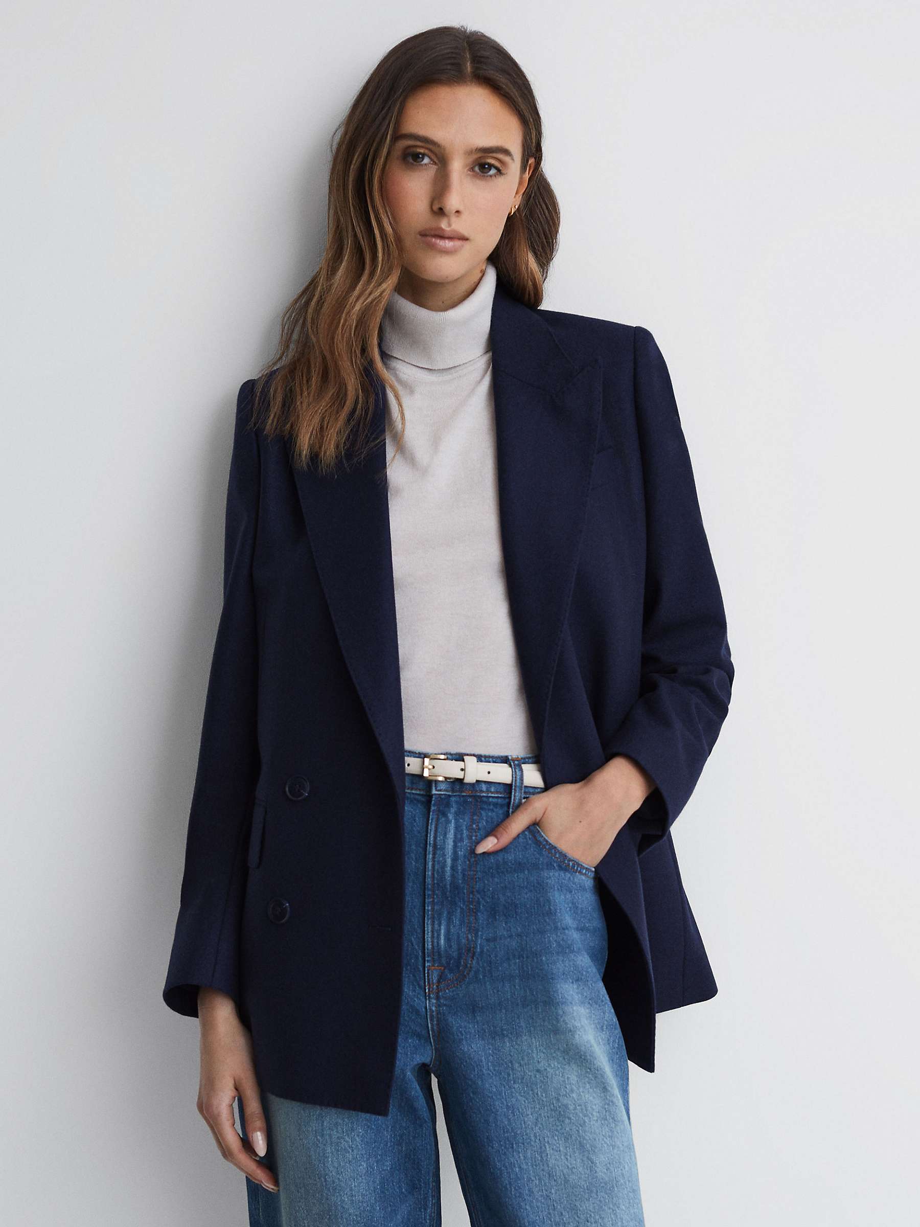 Reiss Lorena Double Breasted Wool Flannel Blazer, Navy at John Lewis ...