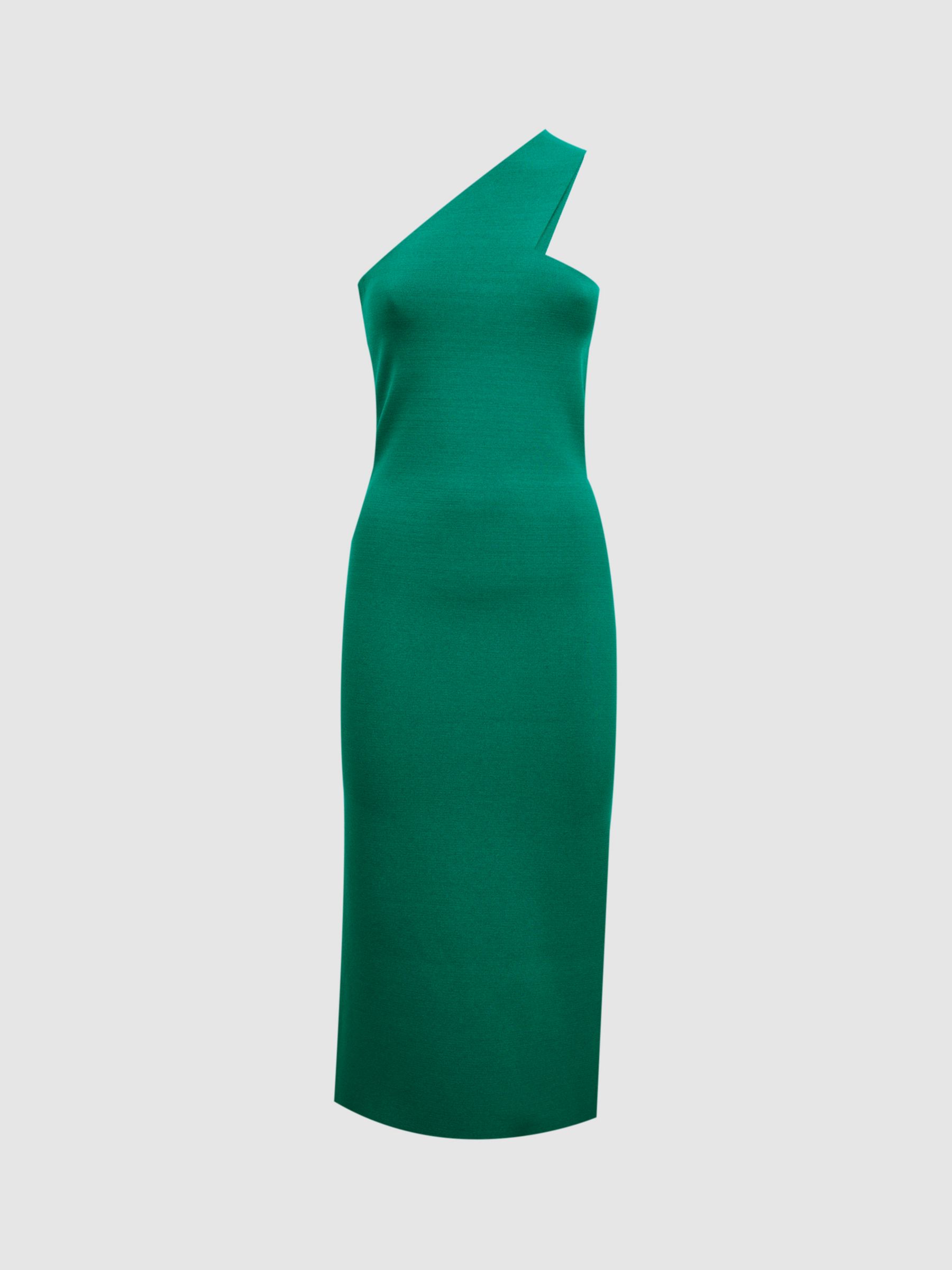 Reiss Lola Knitted One-Shoulder Bodycon Midi Dress, Green at John Lewis ...