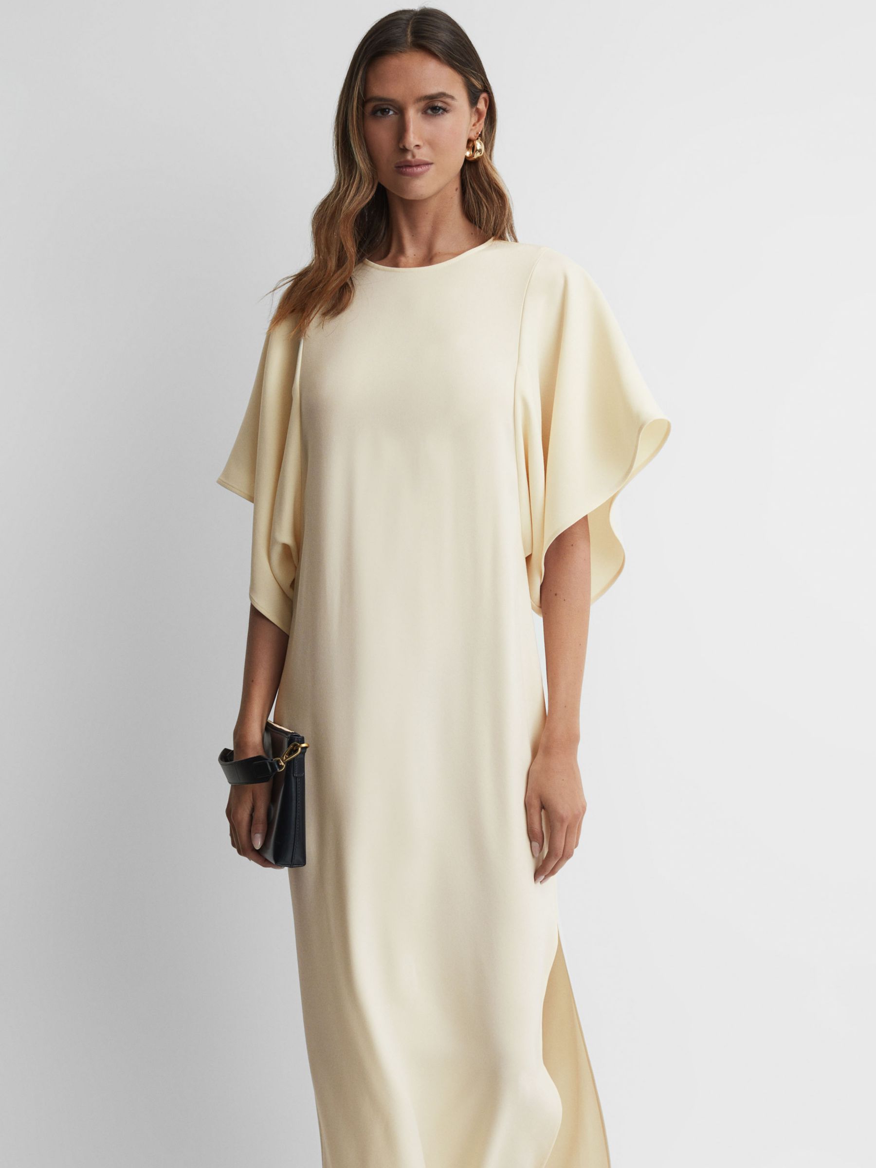 Reiss Louise Cape-Sleeve Midi Dress, Lemon, 6