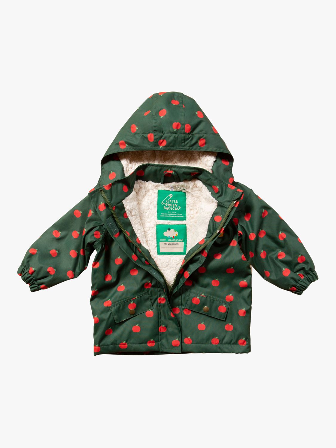 Little Green Radicals Baby An Apple a Day Recycled Waterproof Winter Coat,  Green/Red at John Lewis & Partners
