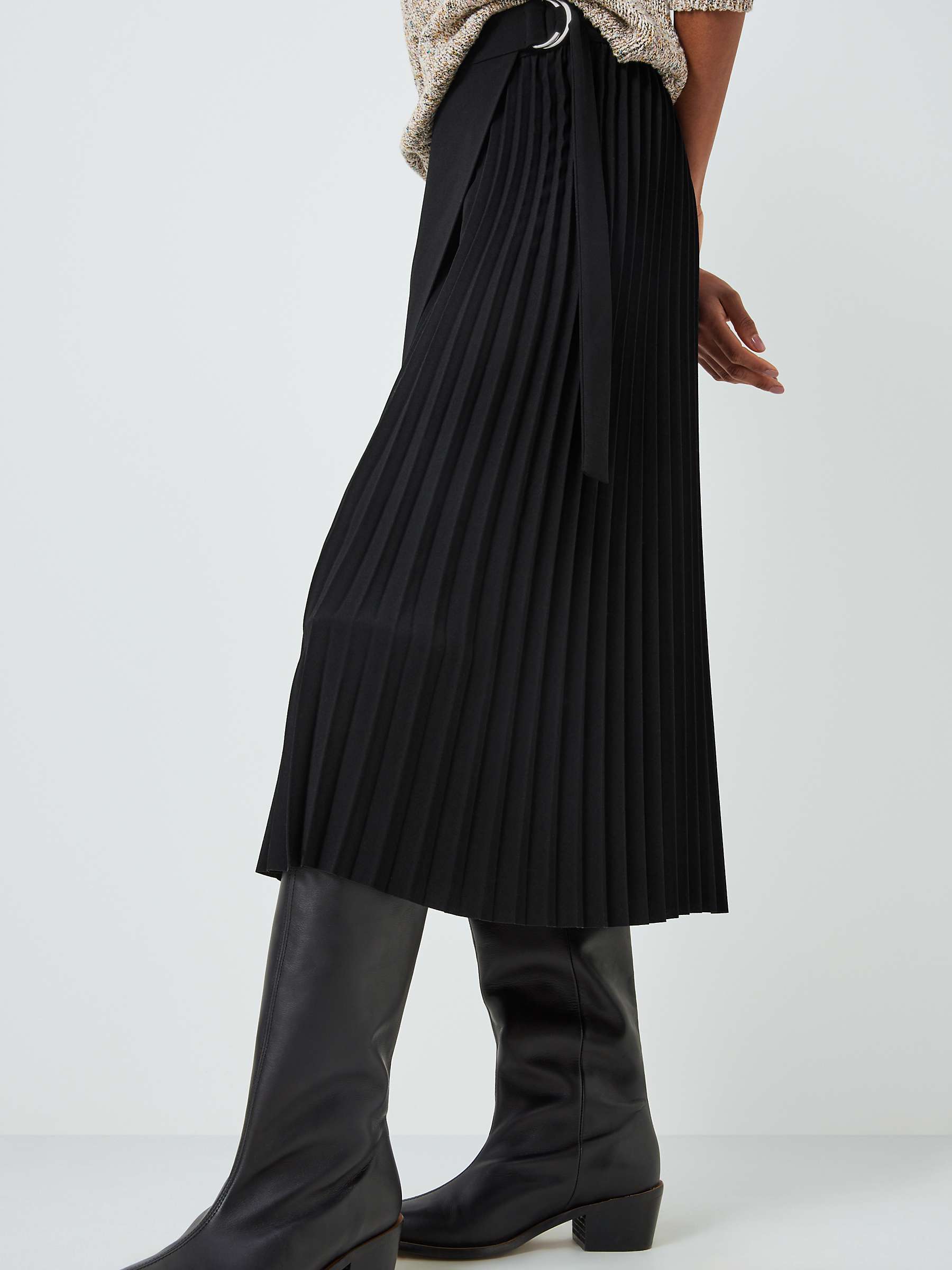 John Lewis Woven Pleated Midi Skirt, Black at John Lewis & Partners