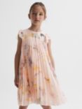 Reiss Kids' Sade Floral Print Pleated Dress, Pink/Multi