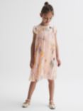 Reiss Kids' Sade Floral Print Pleated Dress, Pink/Multi