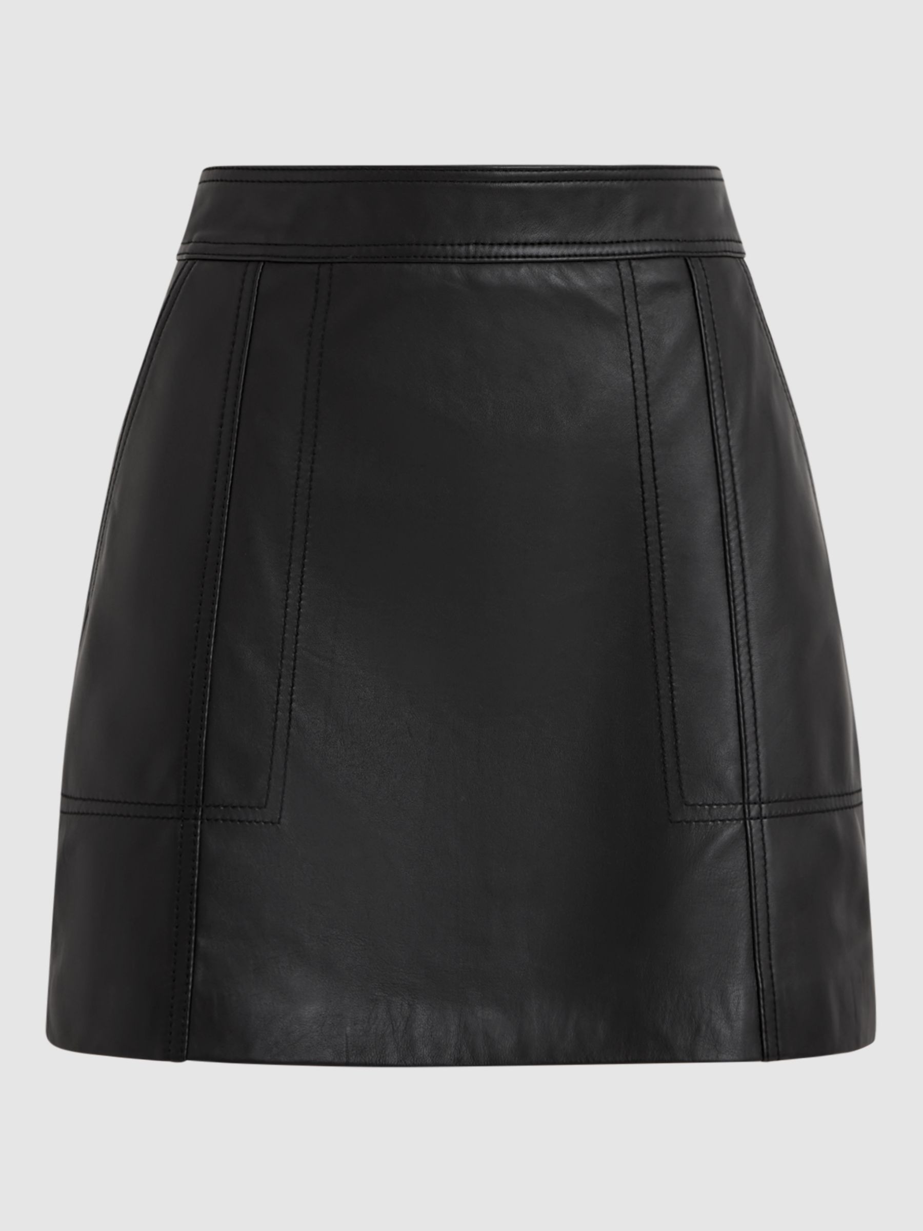 Reiss Edie High Waisted Leather Mini Skirt, Black at John Lewis & Partners