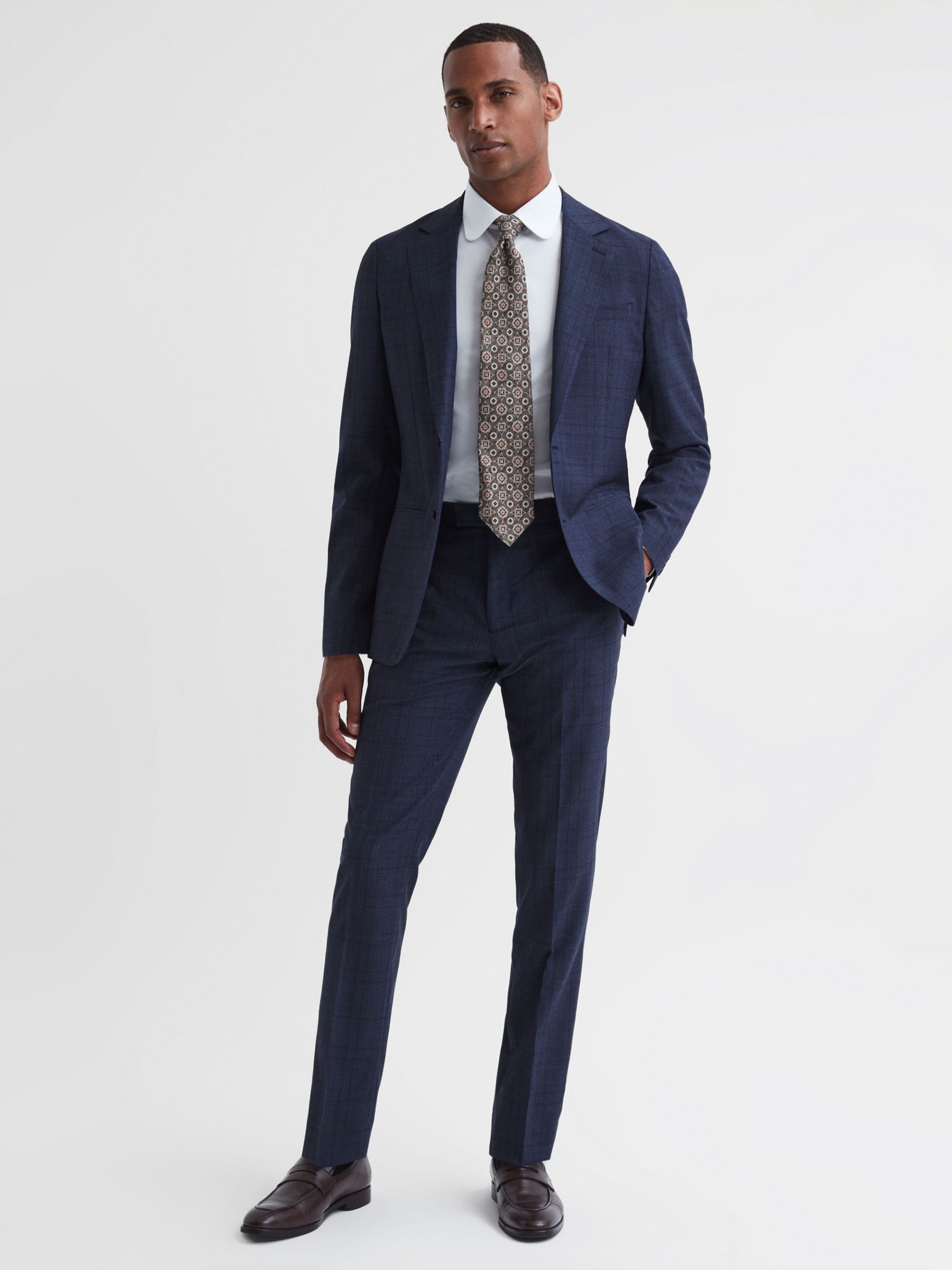 Reiss City Prince of Wales Checked Wool Blend Trousers, Indigo at John ...