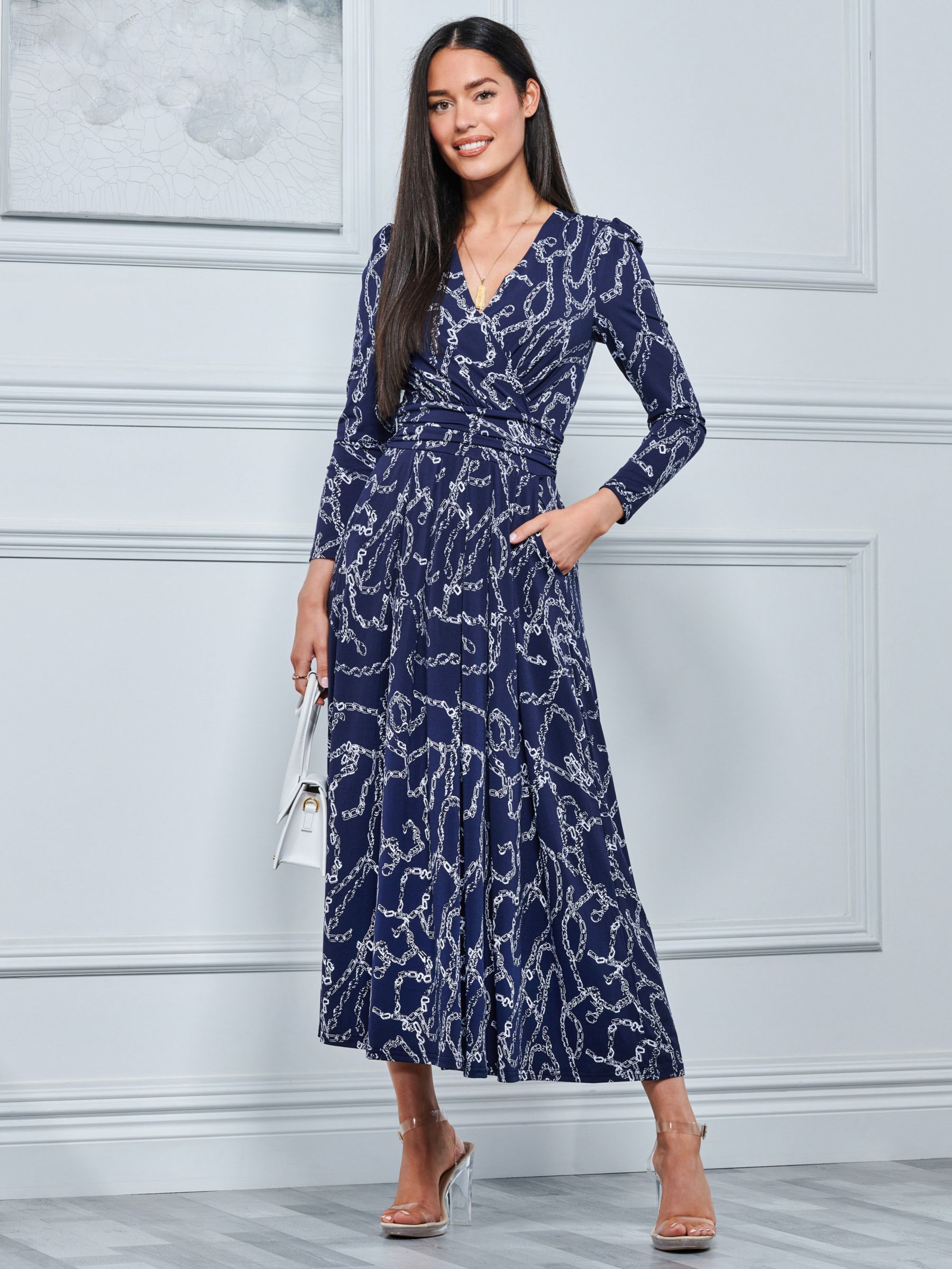 Jolie Moi Chain Print Long Sleeve Maxi Dress, Navy, 18