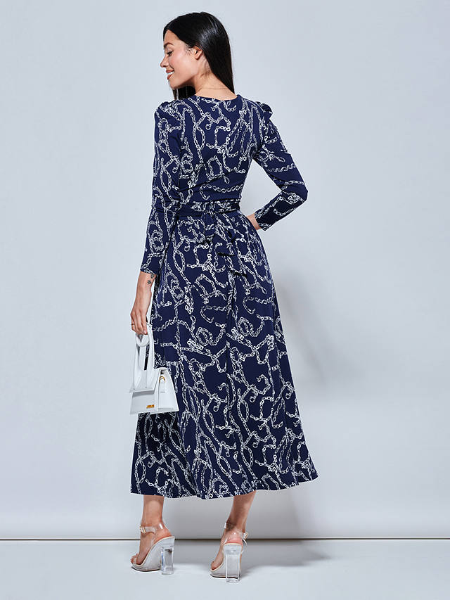 Jolie Moi Chain Print Long Sleeve Maxi Dress, Navy