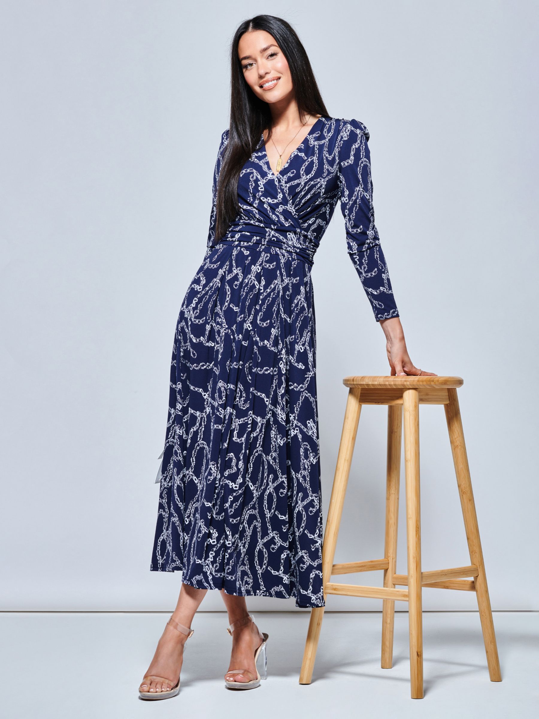 Jolie Moi Chain Print Long Sleeve Maxi Dress, Navy, 18