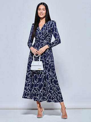 Jolie Moi Chain Print Long Sleeve Maxi Dress, Navy
