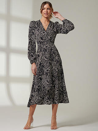 Jolie Moi Spot Print Crepe Wrap Midi Dress, Black/Multi