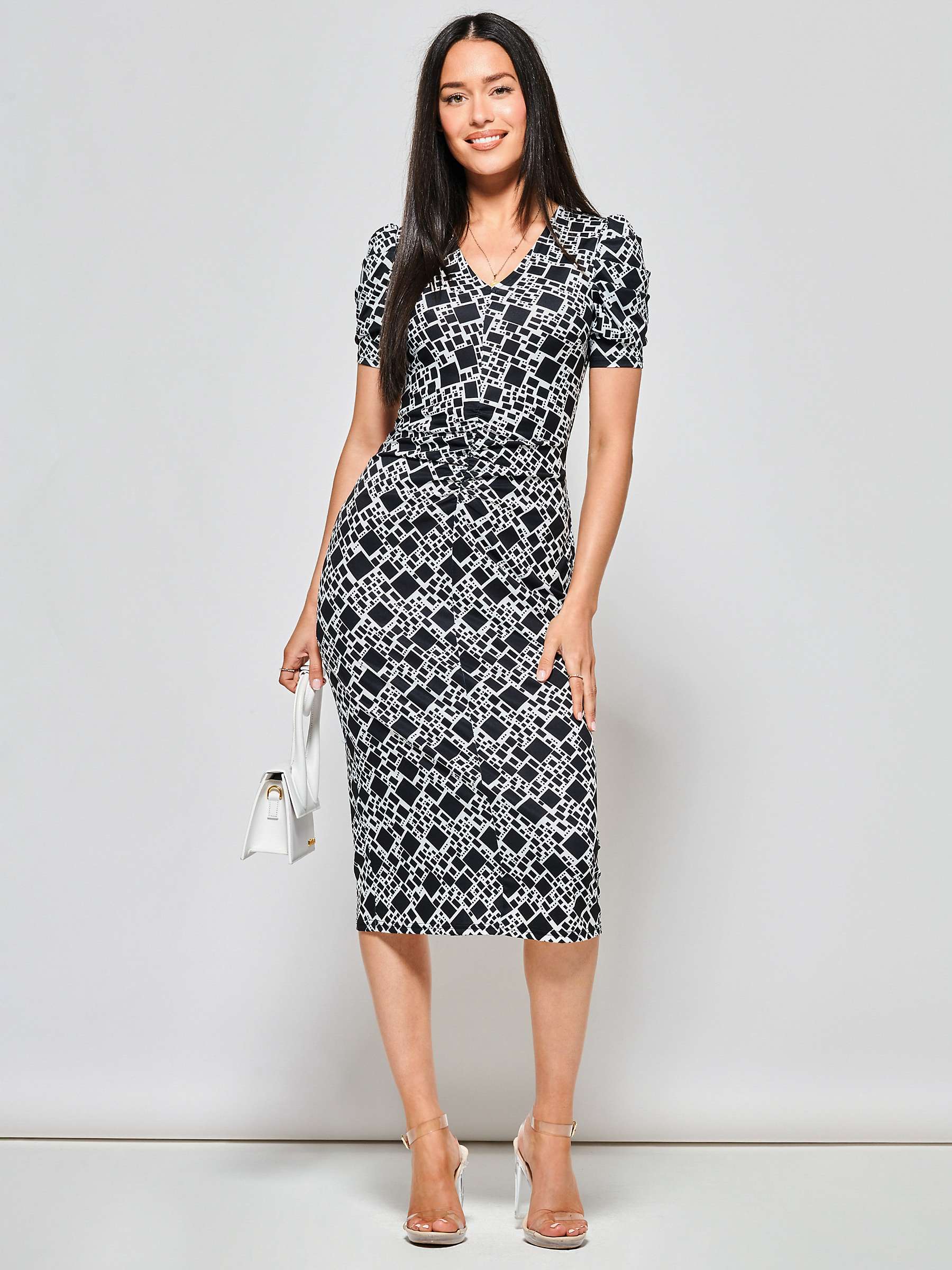 Buy Jolie Moi V-Neck Abstract Print Bodycon Midi Dress, Black Geo Online at johnlewis.com