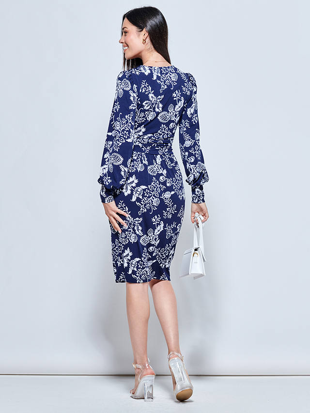 Jolie Moi Floral Print Ruched Waist Jersey Dress, Navy/Multi