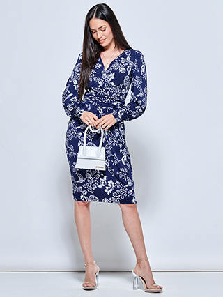 Jolie Moi Floral Print Ruched Waist Jersey Dress, Navy/Multi