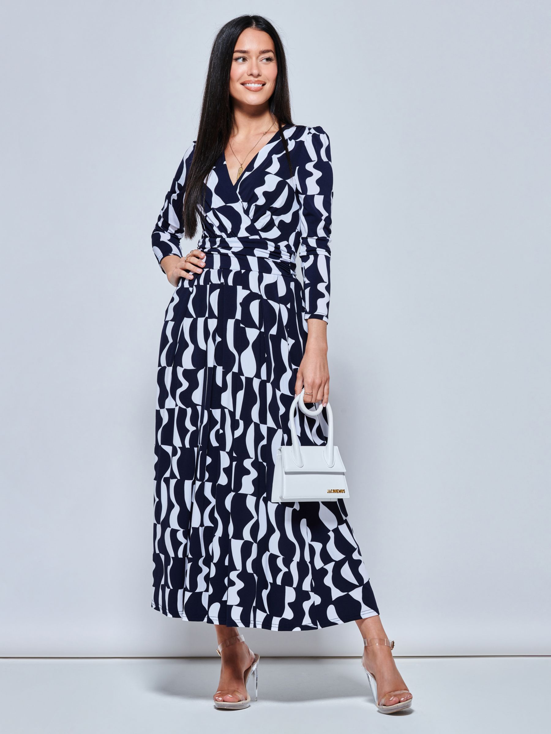 Jolie Moi Geometric Print Long Sleeve Maxi Dress, Navy