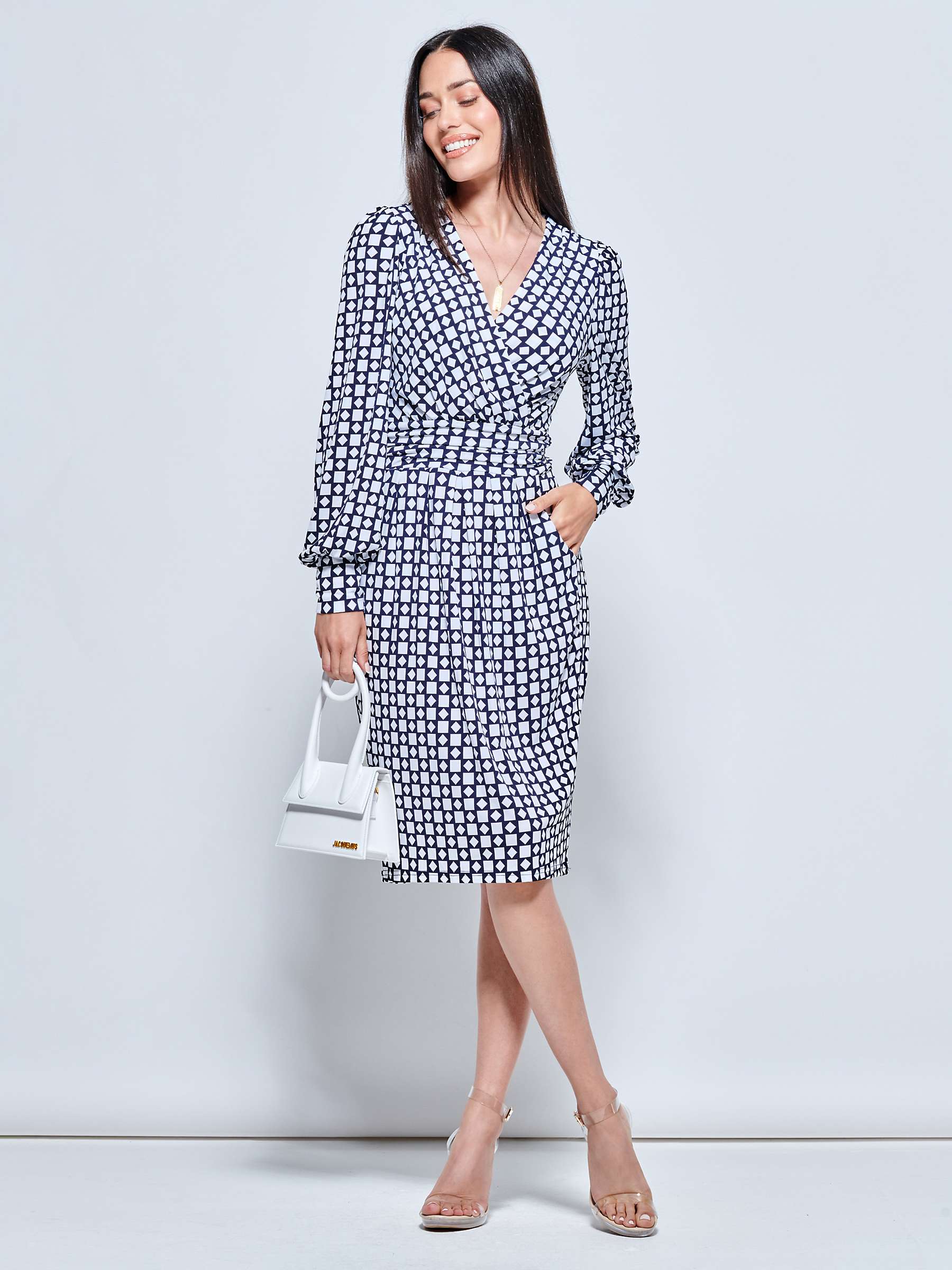 Buy Jolie Moi Geometric Print Ruched Waist Jersey Dress, Navy/Multi Online at johnlewis.com