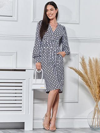 Jolie Moi Geometric Print Ruched Waist Jersey Dress, Navy/Multi