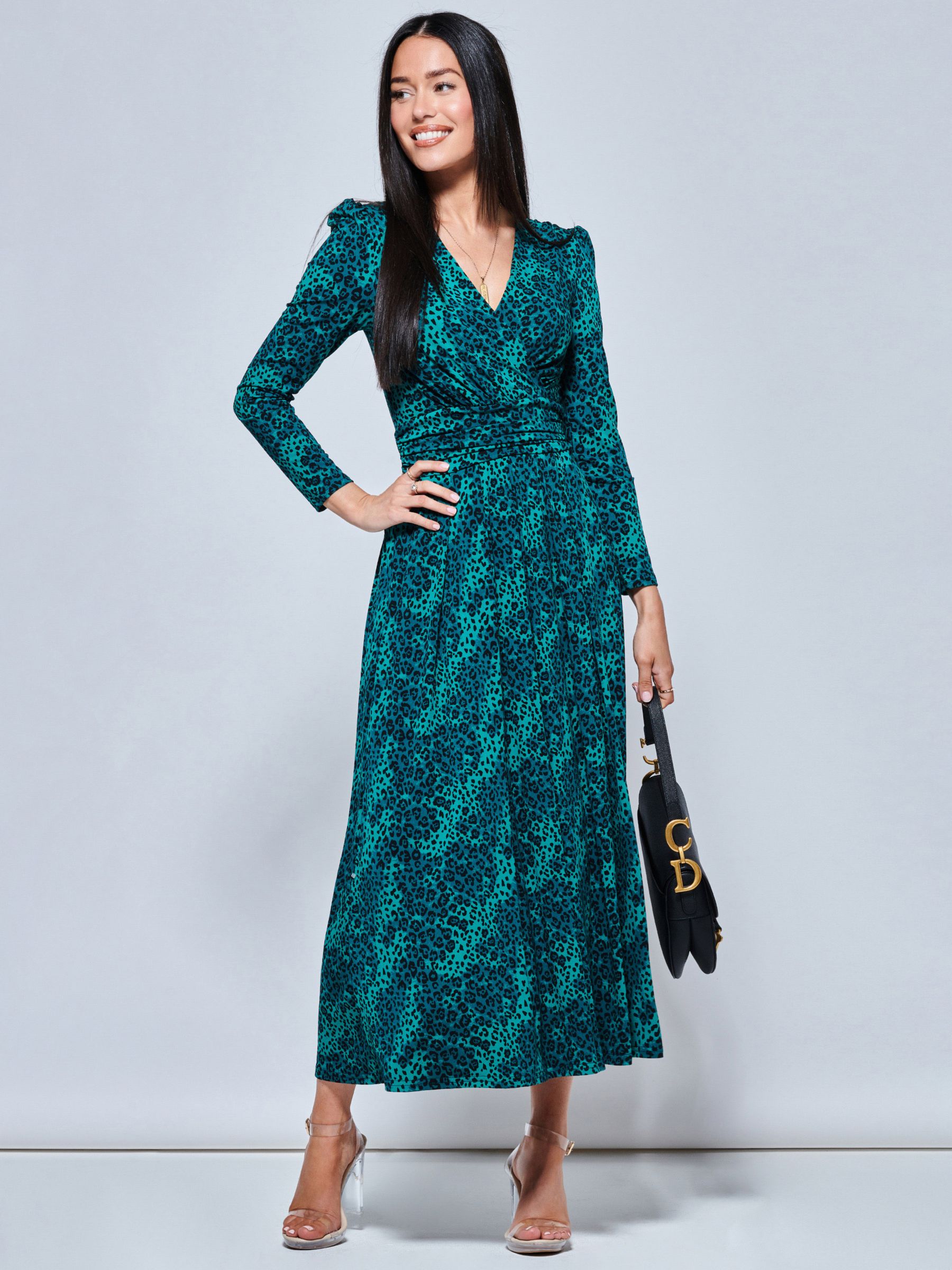 Jolie Moi Animal Print Long Sleeve Maxi Dress, Green at John Lewis ...