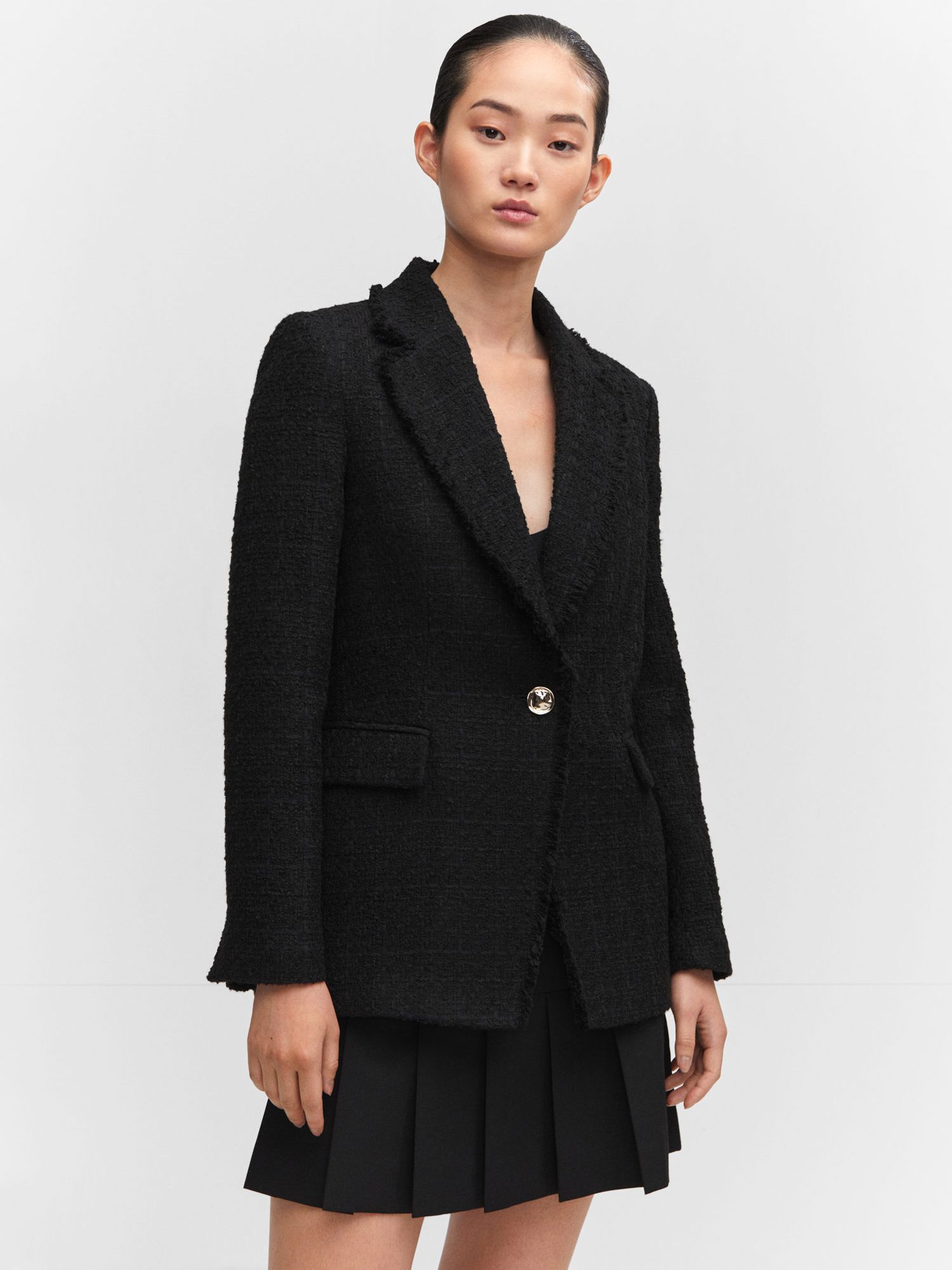 Mango Quintin Tweed Frayed Detail Blazer, Black at John Lewis & Partners