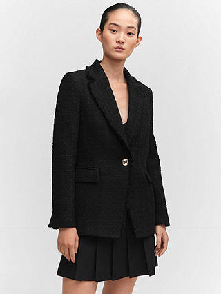 Mango Quintin Tweed Frayed Detail Blazer, Black