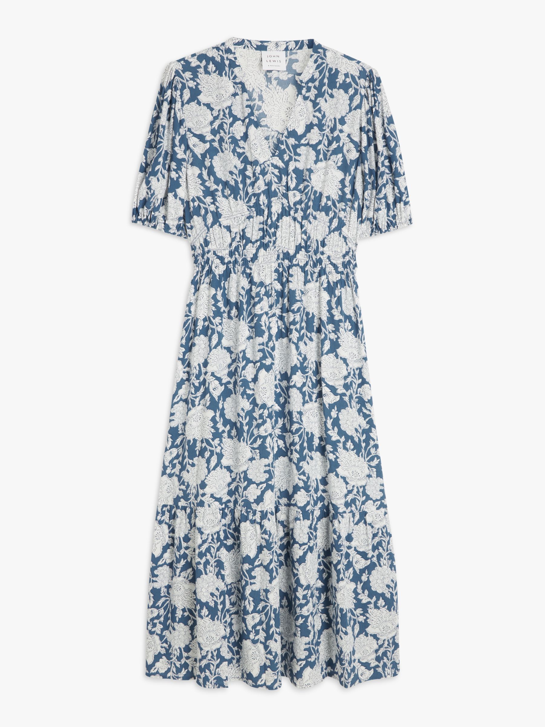 John Lewis Shirred Floral Midi Dress, Blue/Multi, 10