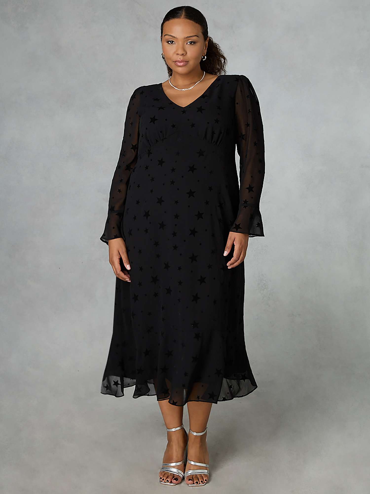 Buy Live Unlimited Curve Flock Star Flute Sleeve Midi Dress, Black Online at johnlewis.com