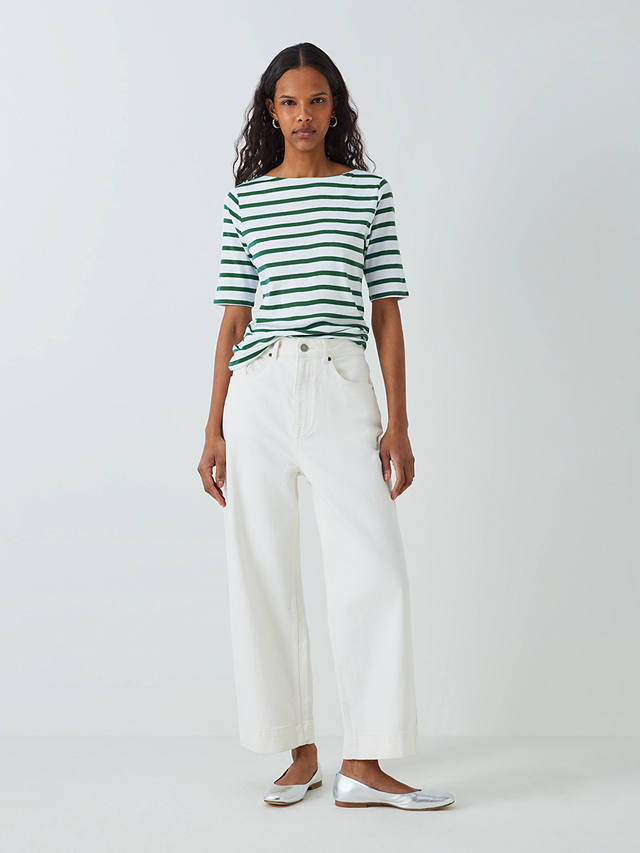 John Lewis Striped Boat Neck Top, Smoke Pine/White