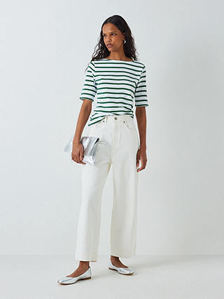 John Lewis Striped Boat Neck Top, Smoke Pine/White