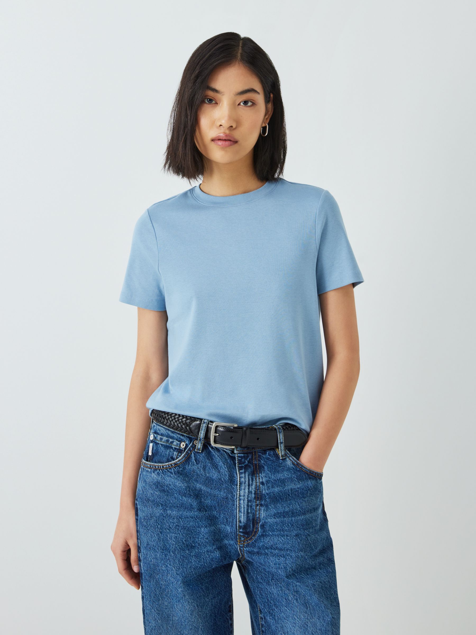 Lace V-Neck Short Sleeve Top in Linen Blend Blue, Tops & T-shirts