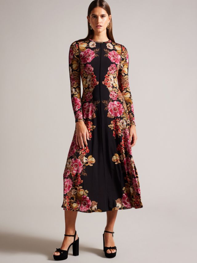Ted Baker Analou Graphic Floral Midi Dress, Black/Multi, 6