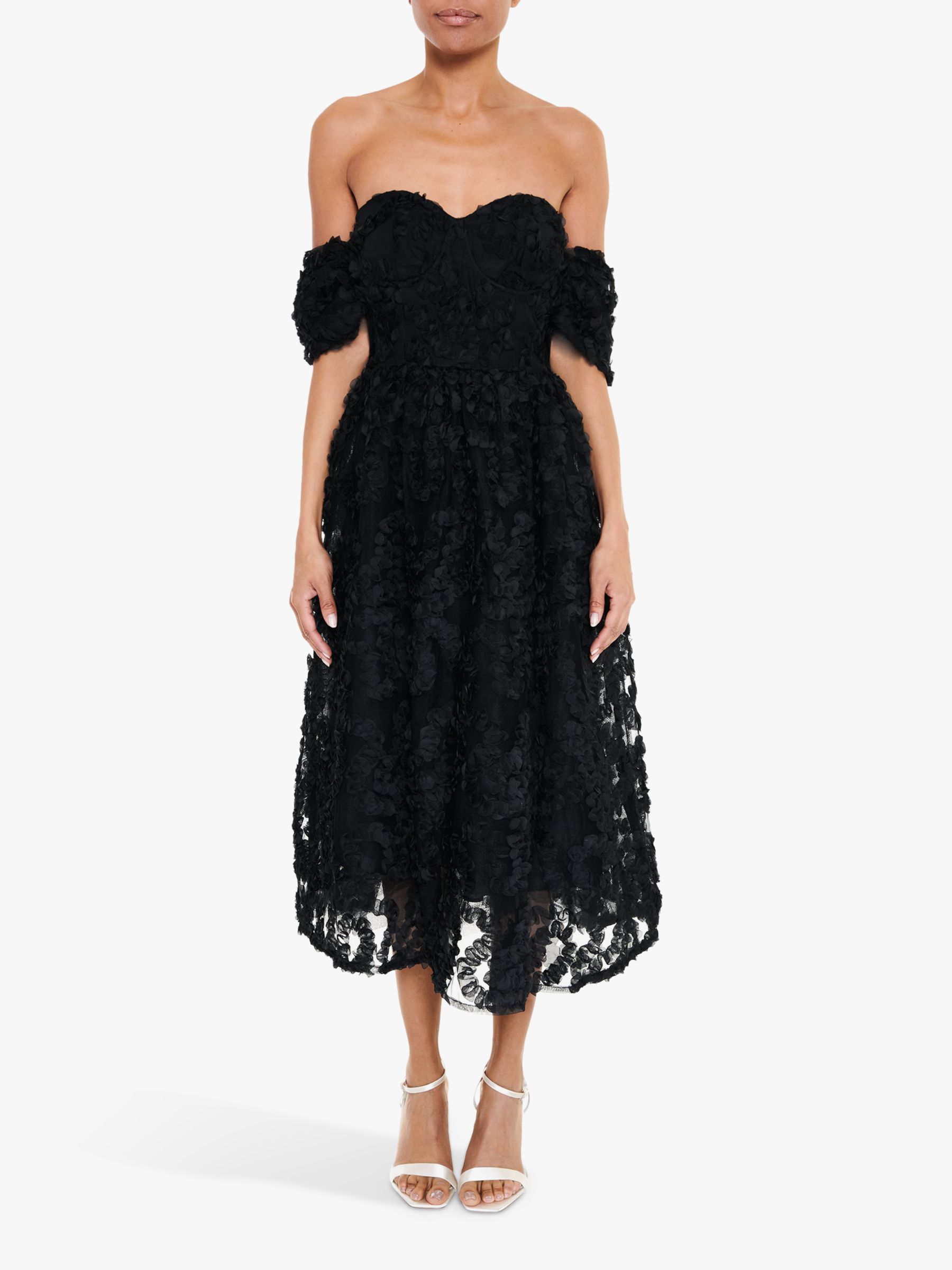 True Decadence Amelia Floral Bardot Midi Dress, Black, 6
