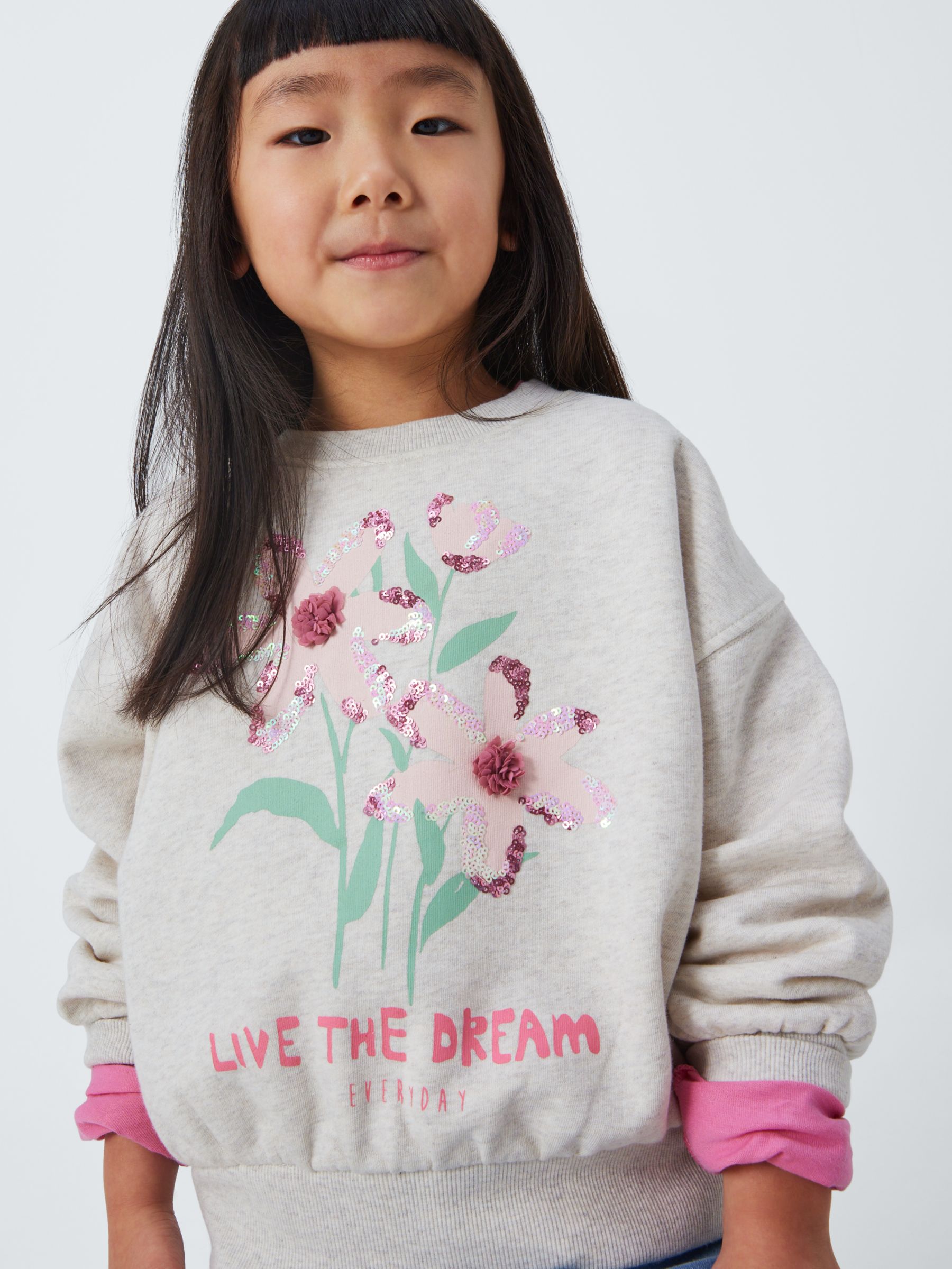 John Lewis Kids' Live The Dream Sequin Flowers Sweatshirt, Marl Grey, 8 years