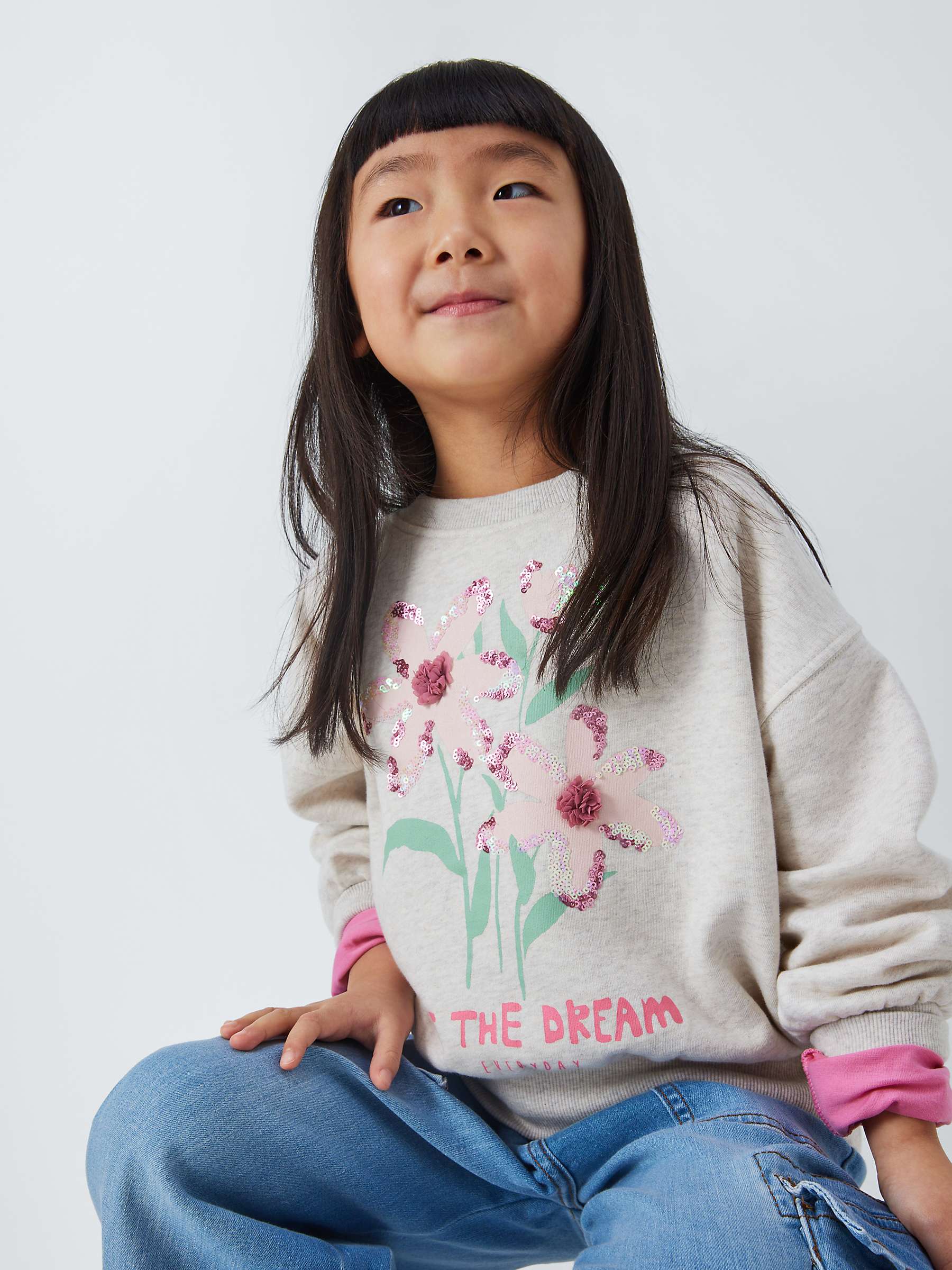 Buy John Lewis Kids' Live The Dream Sequin Flowers Sweatshirt, Marl Grey Online at johnlewis.com